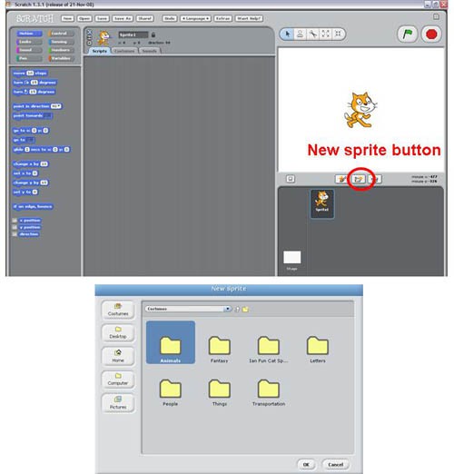 Screenshot shows a new sprite being uploaded in the program Scratch