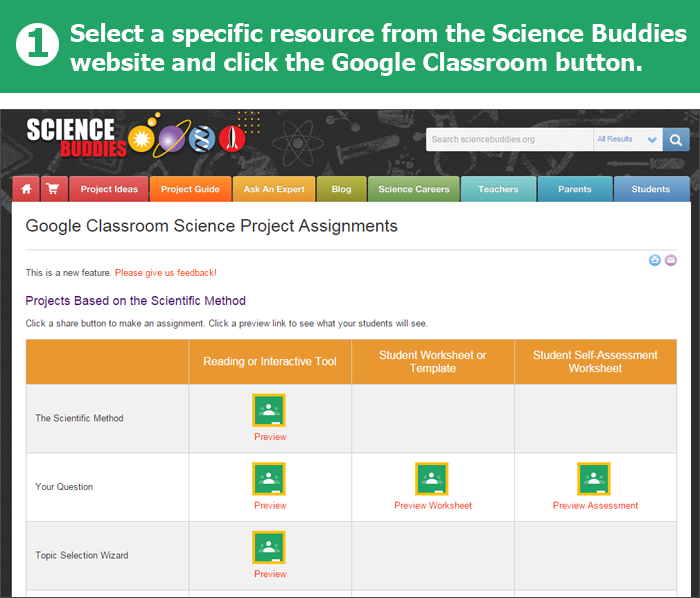 Screenshot of resources available for integration into Google Classroom from the Science Buddies website