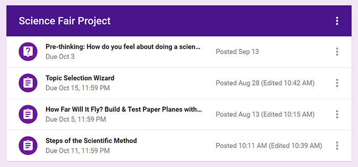 Cropped screenshot of assignments and announcements in a Science Fair Project topic in Google Classroom