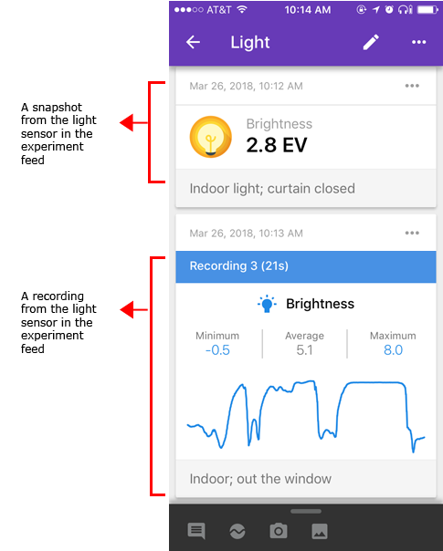 Screenshot shows a snapshot and recording of a brightness sensor card in the Google Science Journal app