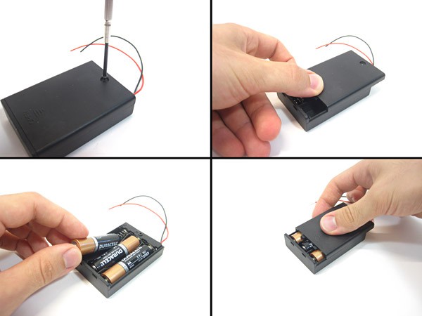 Three double A batteries are inserted into a battery pack