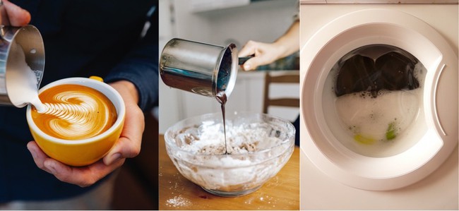 The left image shows a hand pouring milk into a cup of coffee. the middle image shows pouring liquid chocolate into a bowl with baking ingredients. The right image shows a washing machine with liquid soap water inside. 