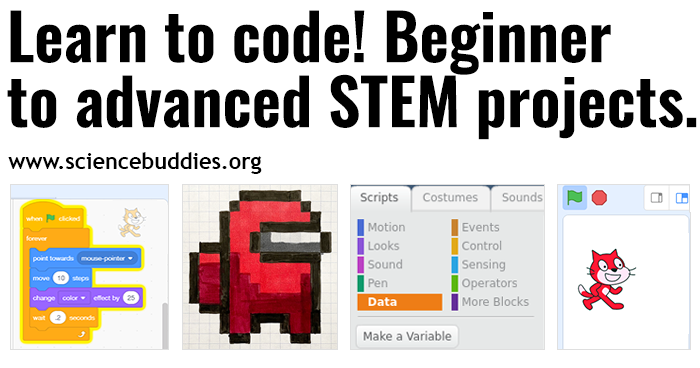 Scratch code, a pixel drawing of a character on graph paper, and a computer sprite for Scratch to represent this collection of activities and lessons about computer programming and coding