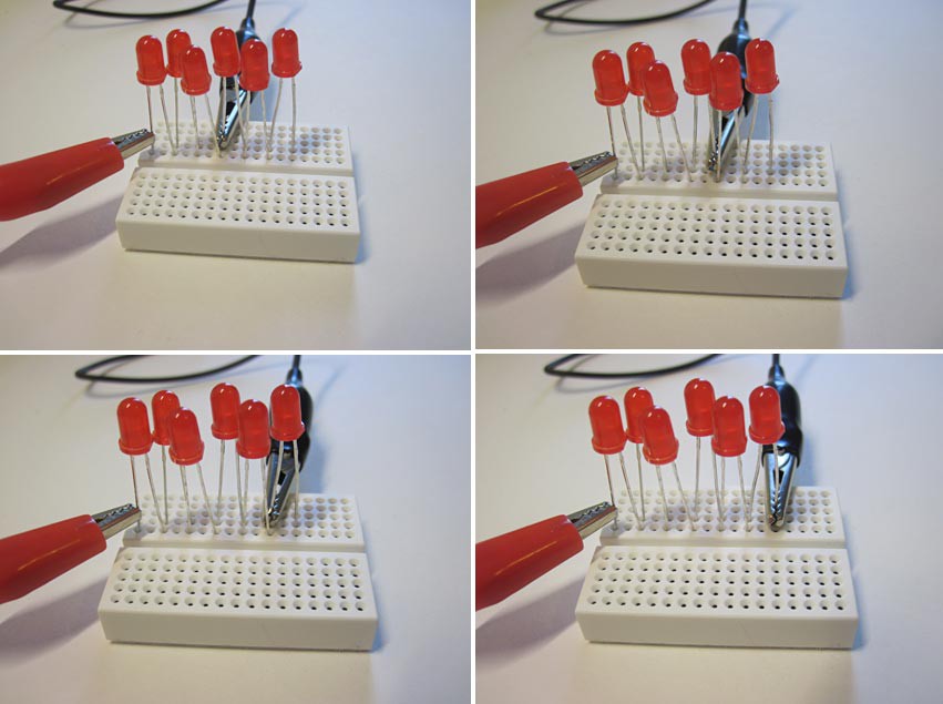 Four photos of two alligator clips connecting to six different LEDs in a breadboard