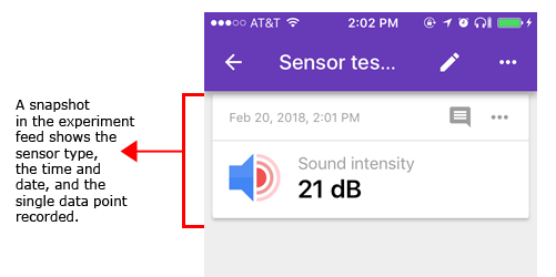 Cropped screenshot shows a snapshot of a sound intensity sensor card in the Google Science Journal app