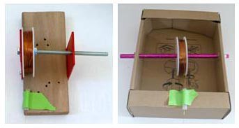 Two homemade wire dispensers made using a spool of magnet wire, a straw, and various cardboard or wooden blocks
