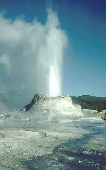 Photo of water erupting from a small raised crater in the ground