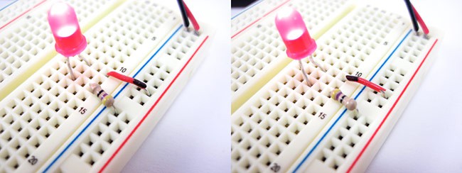 Two photos show a jumper wire working regardless of which direction it is oriented