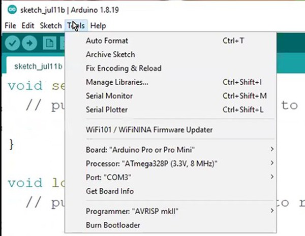 Arduino IDE Tools setting required 