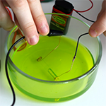 Circuit of electrolyte challenge project in a dish with a green sports drink to measure electrolytes