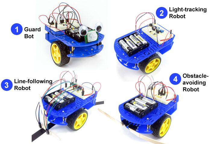 A guard bot, light-tracking robot, line-following robot and obstacle-avoiding robot side-by-side