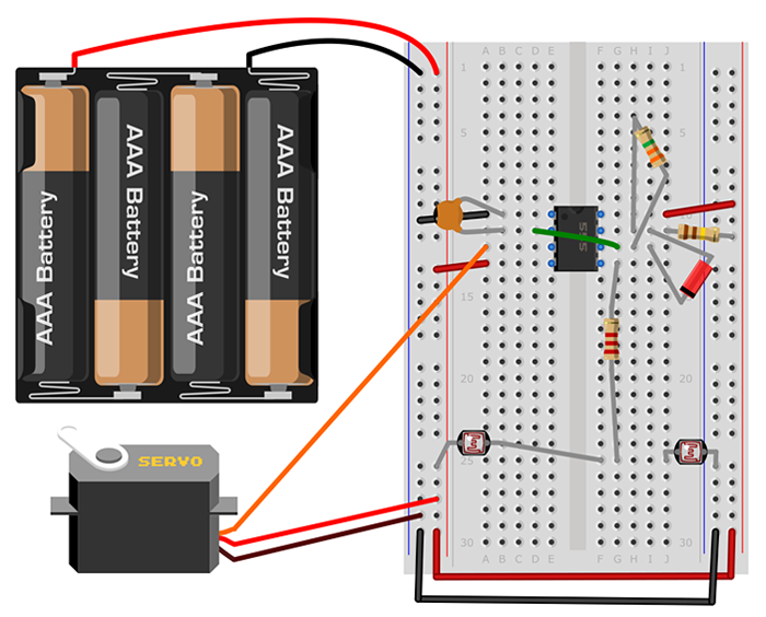 Wiring diagram shows a battery pack and servo wired to a breadboard