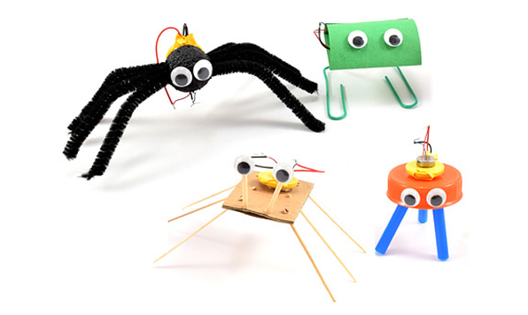 Four vibrobot robots in creative bodies made from recycled and craft materials