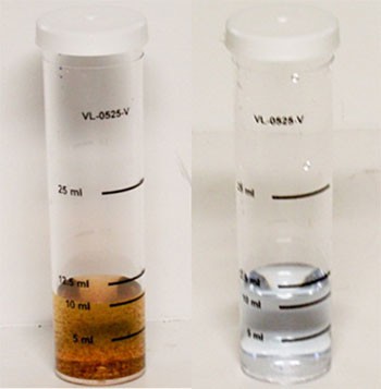 Two small plastic tubes contain a translucent brown liquid on the left and a clear liquid on the right