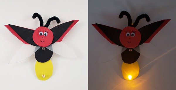 A night light shaped as a model firefly with an LED at its base