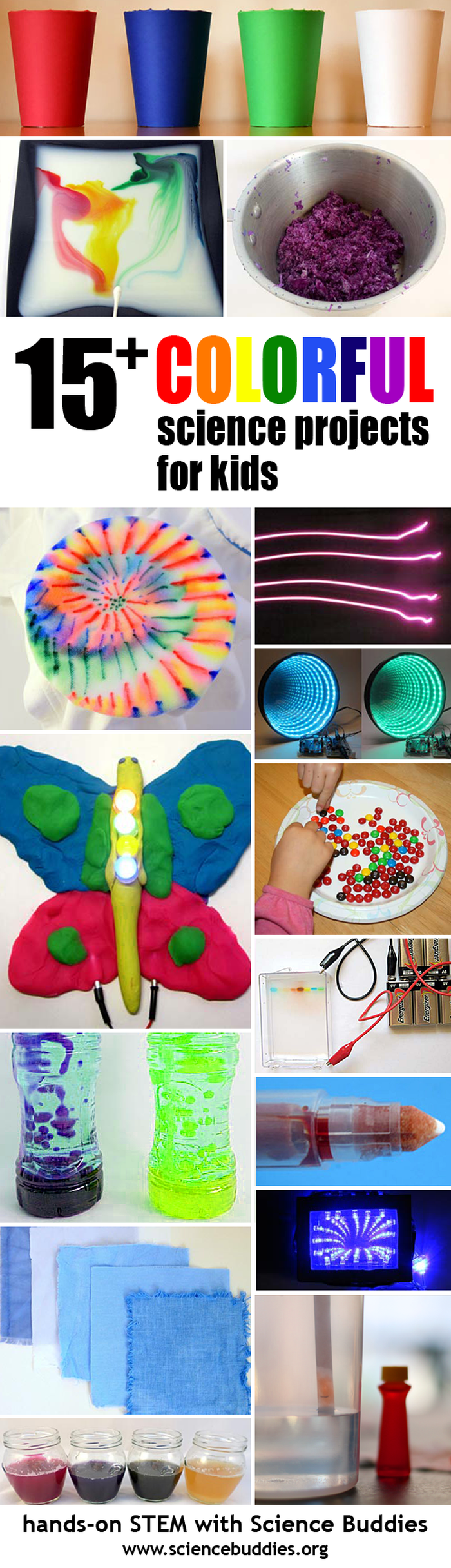 Photo collage of fifteen science projects based on color