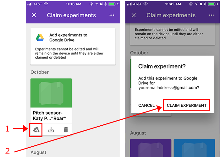 Two screenshots of an experiment from the Google Science Journal app being added to Google Drive
