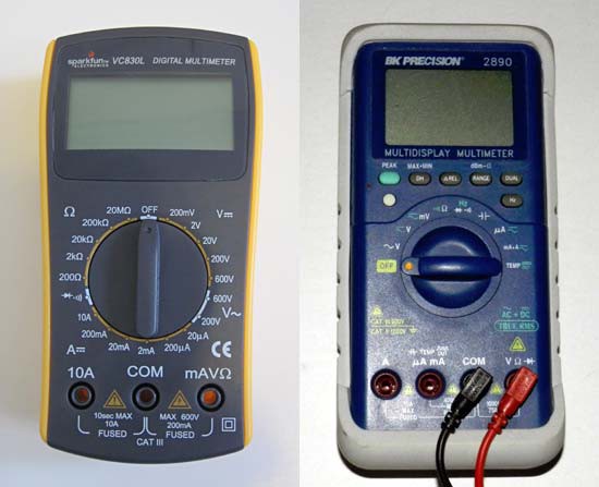 Side-by-side photos of a manual ranging multimeter on the left and an auto-ranging multimeter on the right