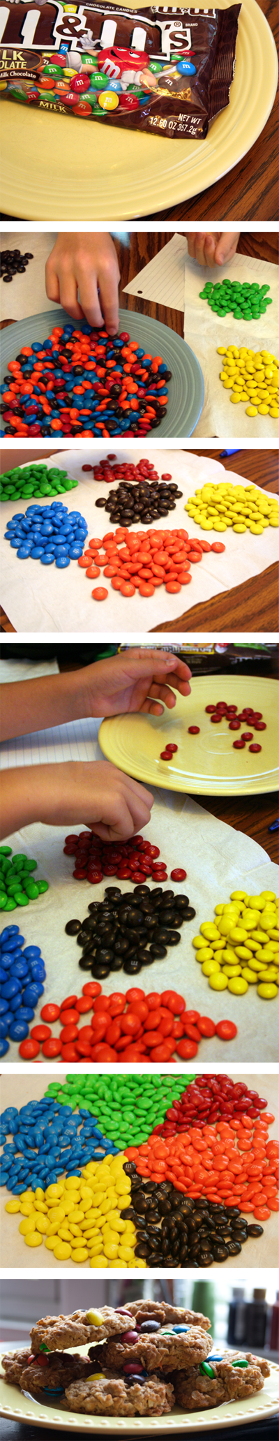 Five photos of M&M candies being sorted by color next to a photo of a plate of M&M cookies