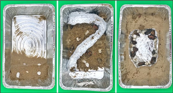 Three images showing an ocean model, a river model, and a lake model, inside an aluminum pan.