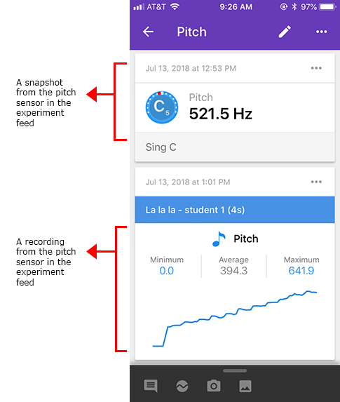 Screenshot shows a snapshot and recording of a pitch sensor card in the Google Science Journal app