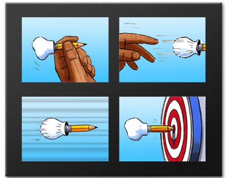 A storyboard shows a pencil with a chefs hat at one end being thrown at a dart board