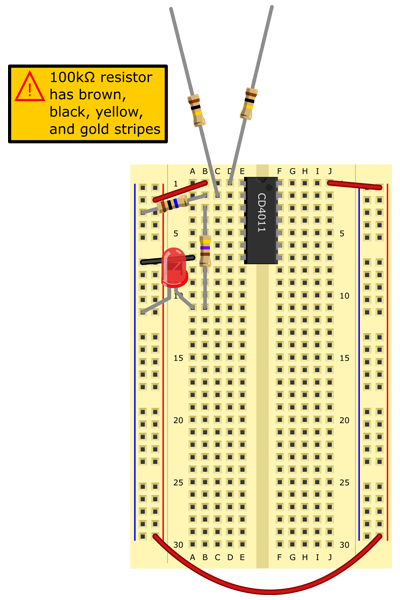 100k Omega resistor to D1 (leave one lead free). 