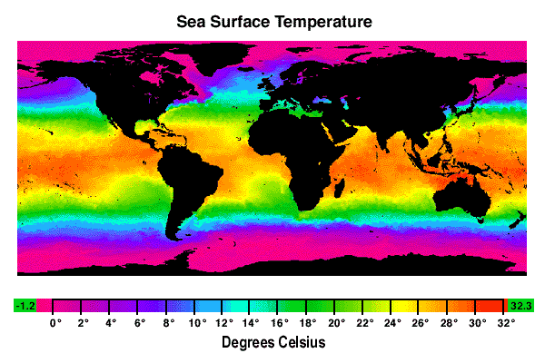 Global heat map uses color to represent sea surface temperatures
