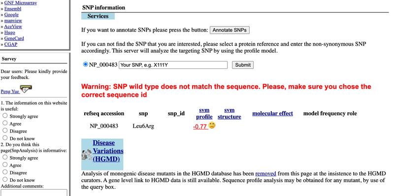 Screenshot of the SNPs results page for the CFTR gene on the website snps3d.org