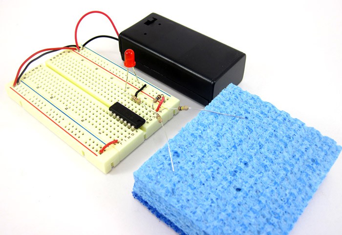 Two resistors from a breadboard circuit are inserted into a sponge