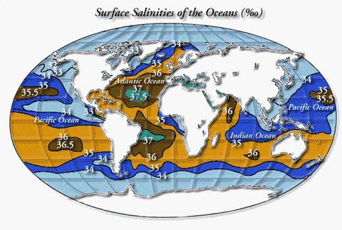 Color coded map of the global shows sea surface salinity with a range of dark brown to light blue