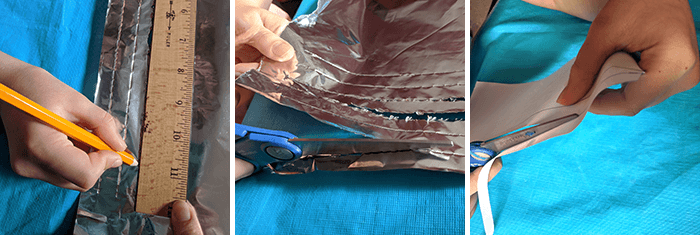 Three images showing student mesauring and cutting foil and paper strips for curling metal activity