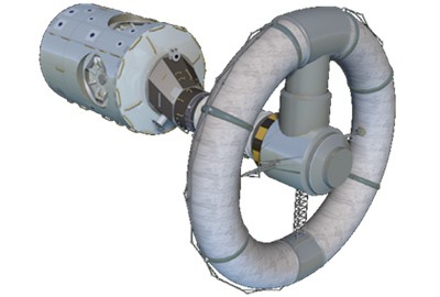 a space station with a doughnut-shaped section for artificial gravity