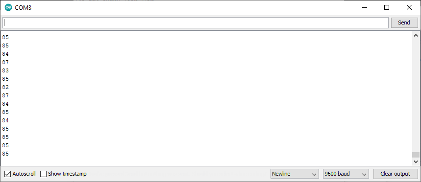  The Arduino serial monitor showing analog input readings, with 9600 baud selected.  