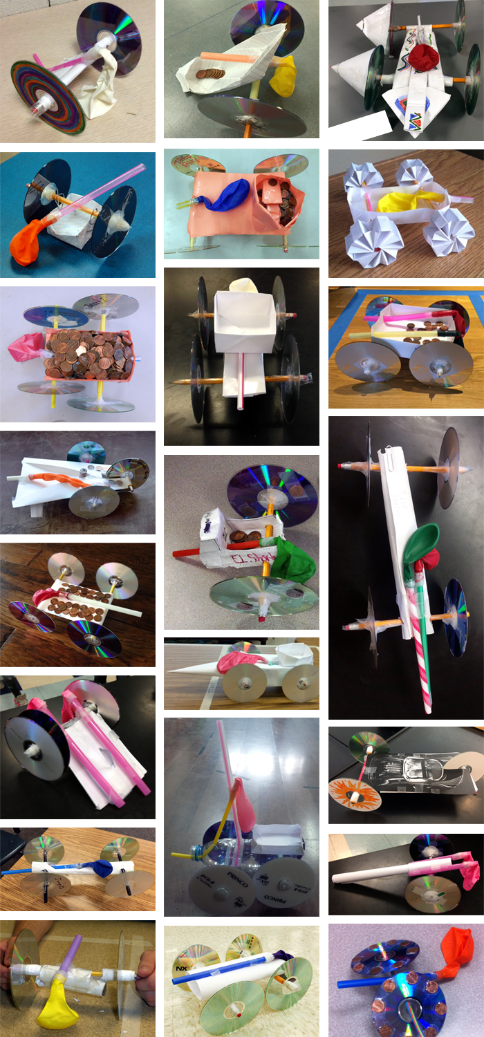 Photo collage of twenty-two different balloon powered car designs