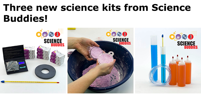 Side-by-side images of three science kits for magnetism and temperature, bath bombs, and measuring gas production