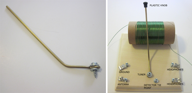 Photos of a tuning rod installed on a homemade crystal radio