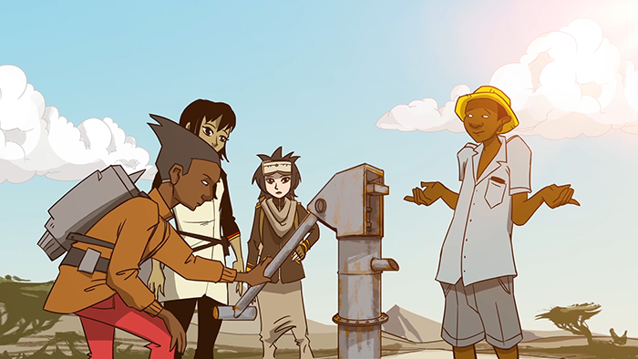 Four animated characters gathered around a water pump from the webseries Global Problem Solvers: The Series made by Cisco