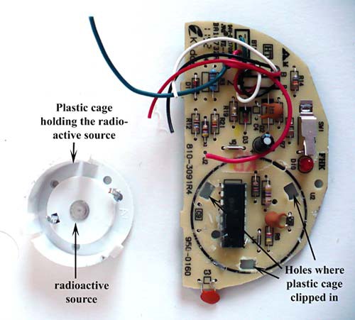 Radioactive source housing removed from a smoke detectors circuit board