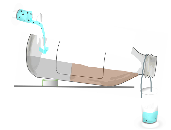 A slightly tilted container with a collection cup hanging from the spout. Polluted  water is being poured on the clay surface in the container. The collection cup is one-third full with water that is less polluted.  
