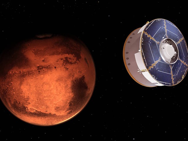 rendering of Perserverance rover approaching Mars