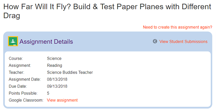 Cropped screenshot of details for an assignment posted in Google Classroom on ScienceBuddies.org