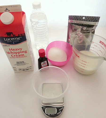Heavy whipping cream, water, vanilla extract, milk, sugar, methyl cellulose, a plastic container and a scale