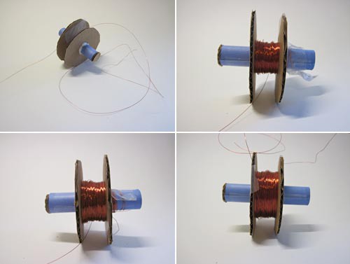 Four photos show magnet wire being wrapped around a spool made from paper and cardboard