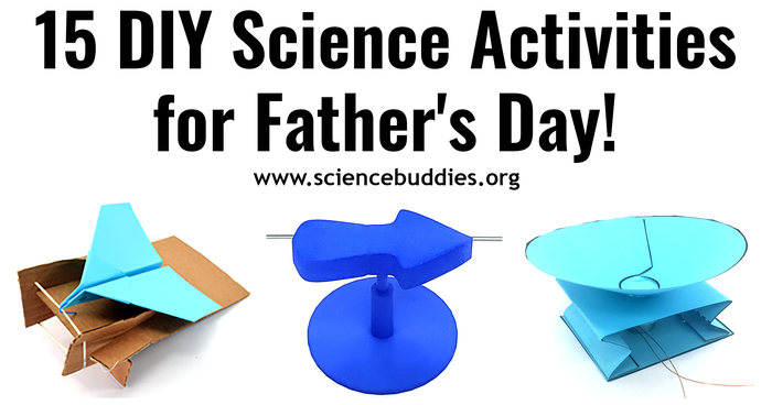 Three photos from the 15 science activities highlighed that kids can make and give with Father's Day in mind: airplane launcher, 3D printed visual illusion arrow, and paper speaker