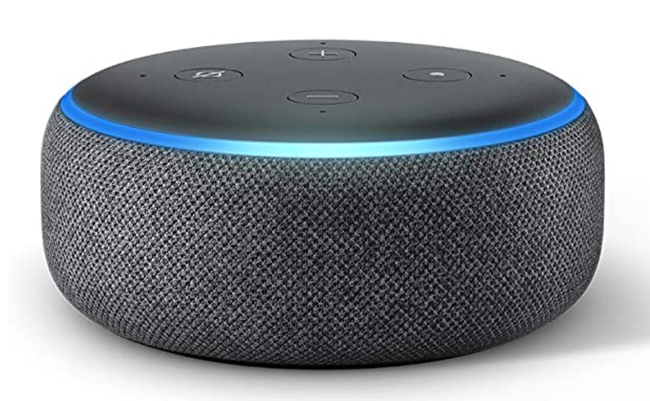 An Amazon Echo dot, a small cylindrical smart speaker with four buttons on top 