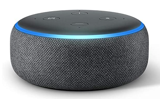 An Amazon Echo dot, a small cylindrical smart speaker with four buttons on top