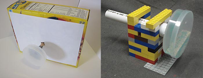 Two photos of a rod holding a petri dish vertically inserted into a cardboard box on the left and held by legos on the right