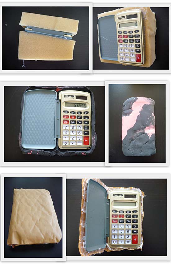 Three sets of images of a calculator case being reinforced with foam rubber, modeling clay and bubble wrap