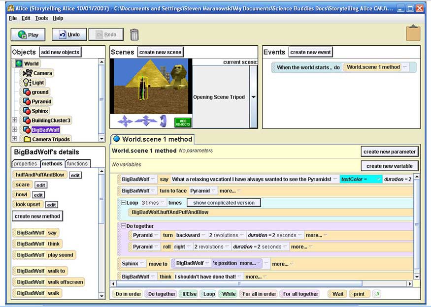 A list of methods are added to a scene that involve a big bad wolf in the Storytelling Alice program